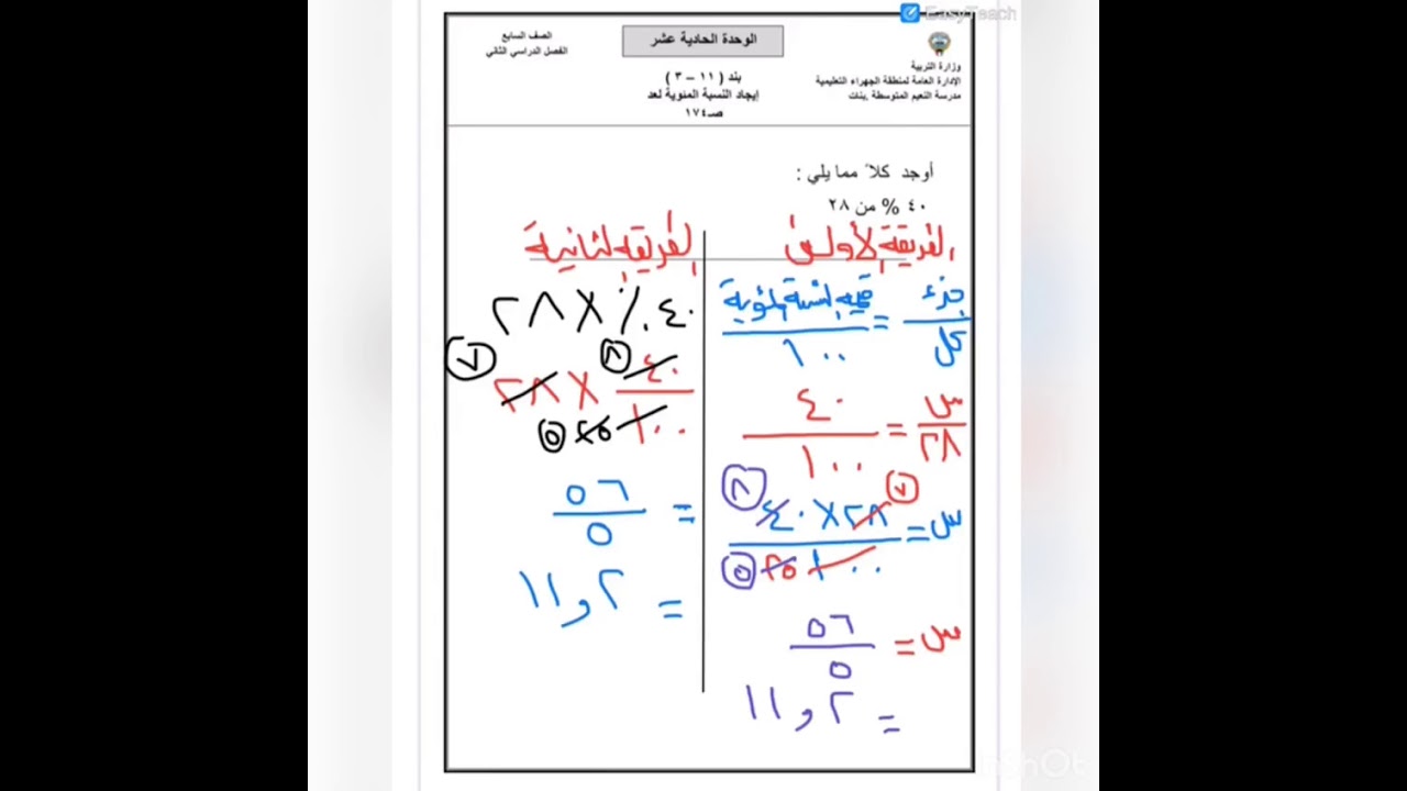 الصف السابع الوحدة الحادية عشر بند ١١ ٣ ايجاد النسبة المئوية لعدد