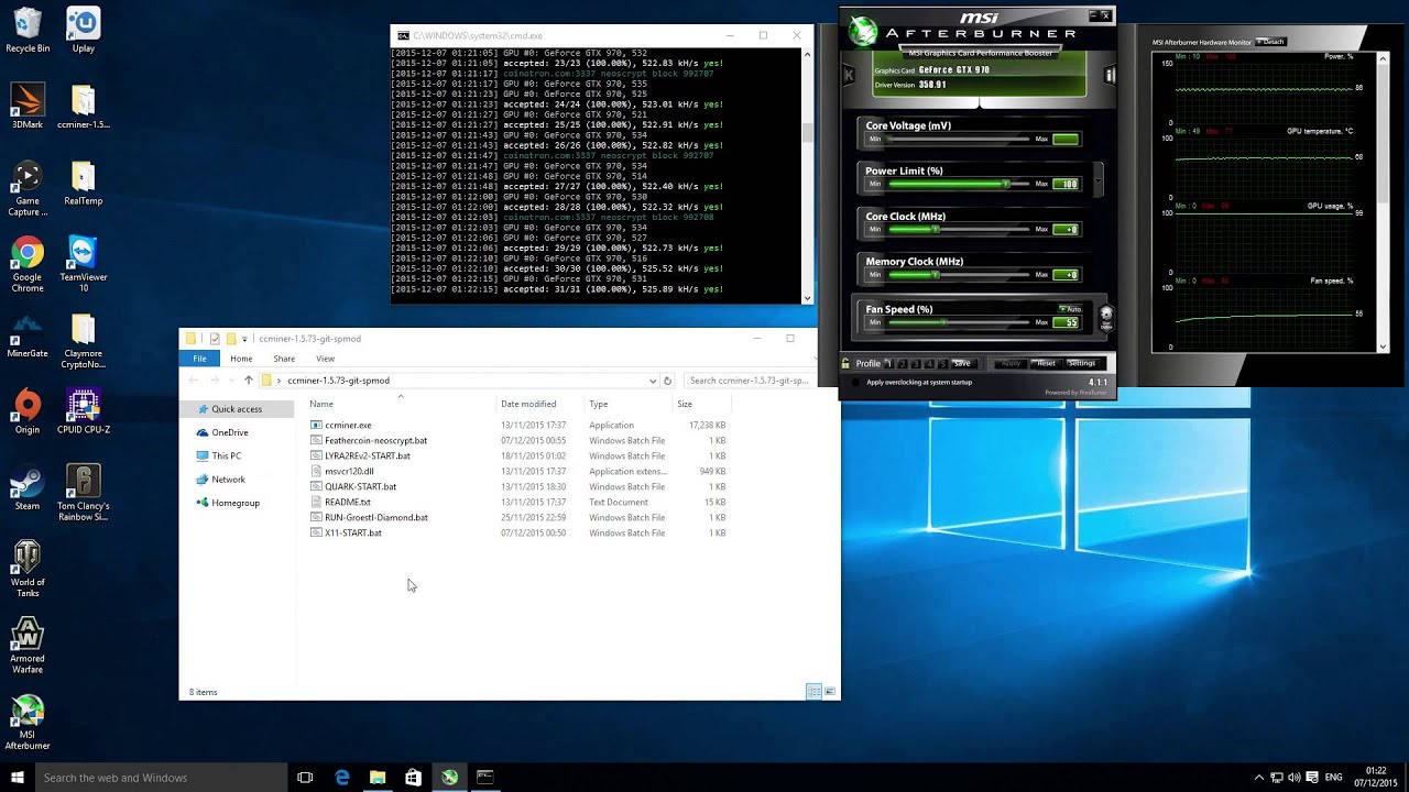 Mining Neoscrypt Feathercoin with Nvidia MSi GTX 970 +525 kH/s 180 Watts