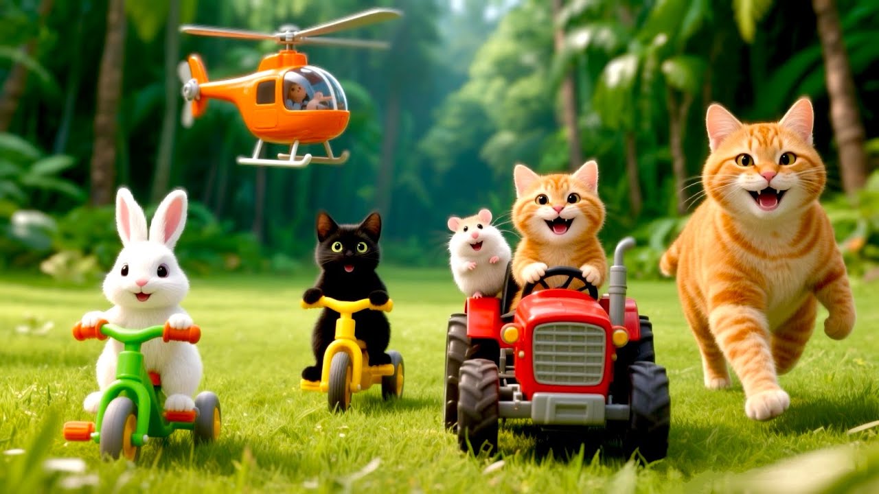 Kitten rides red tractor 🚜🚁 | Mama Cat Trims Fur on the Farm and Makes Tiger Hat For Kittens At Home