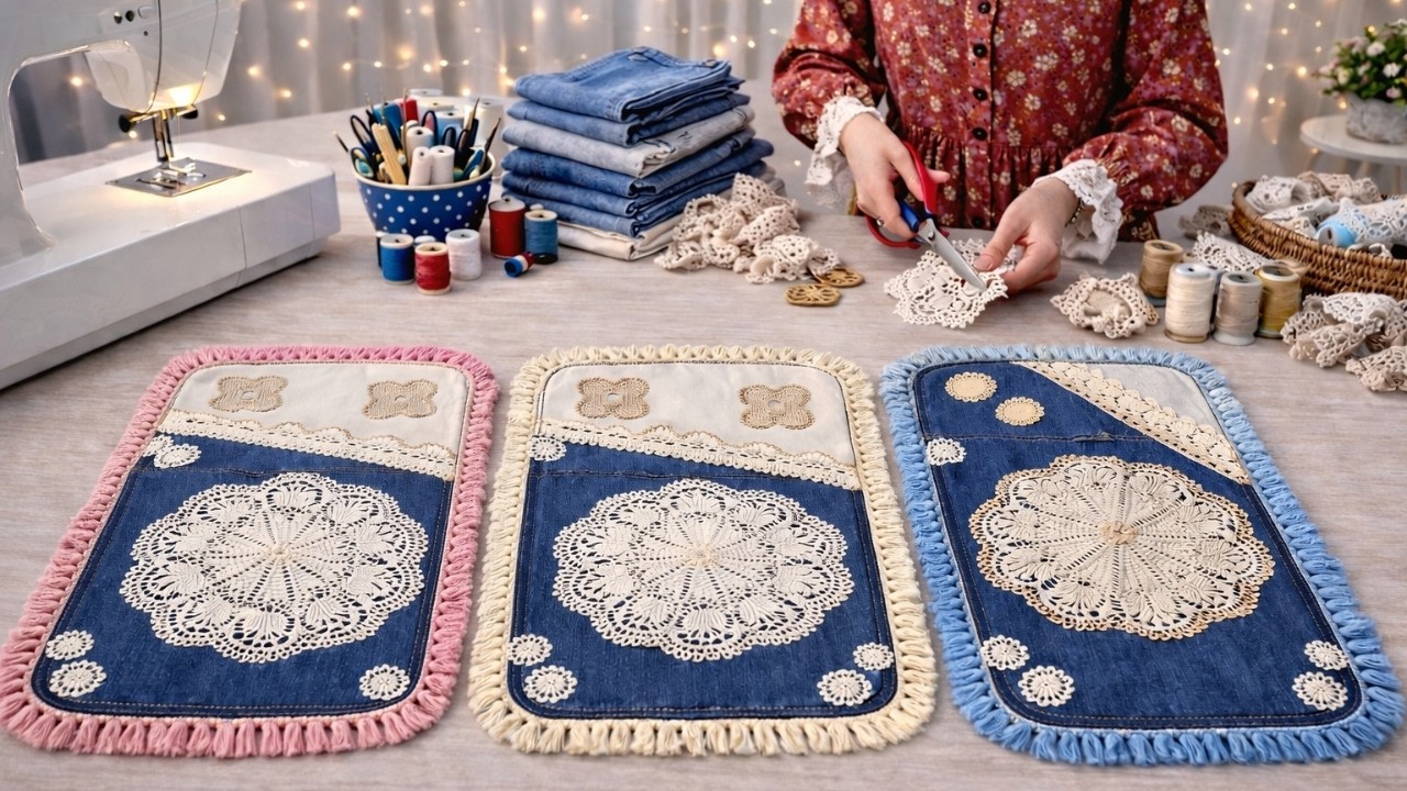 WOW! Old Jeans & Leftover Lace Turned Into Placemats That Impress Everyone!