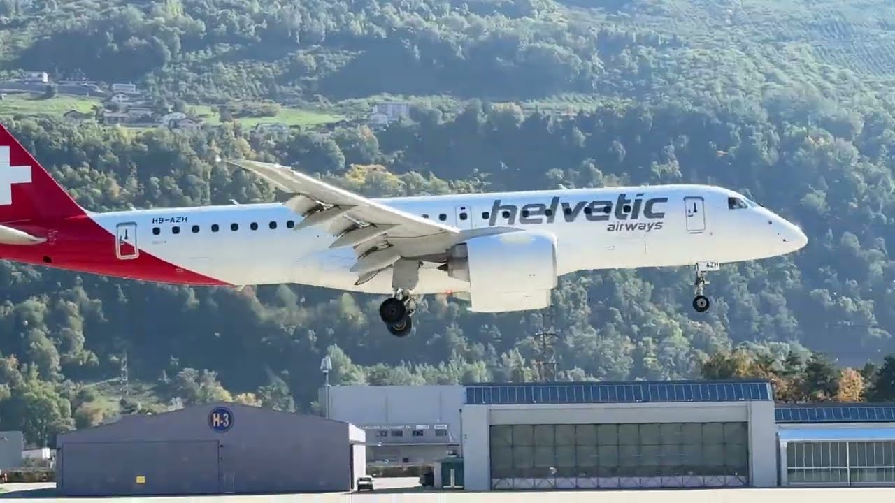 Embraer E190-E2 HB-AZH Helvetic Airways landing Sion airport Valais Switzerland 09.10.2025