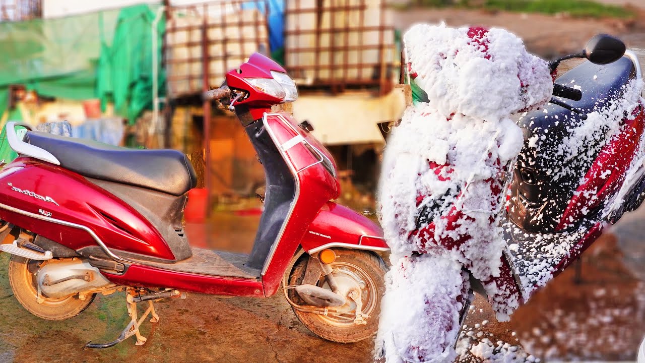 Bike Wash : Dirty Honda Activa Red Color Scooter Foam Hand Washing with high pressure washer spray