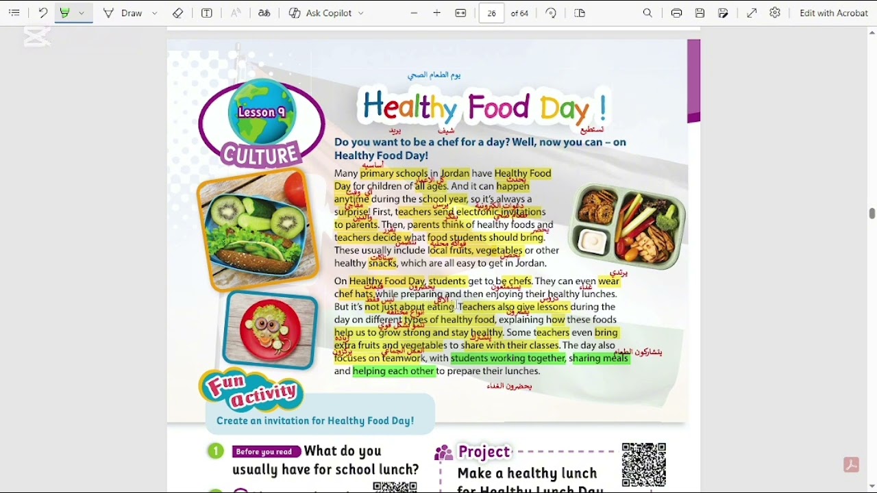 انجليزي...خامس ...الوحدة السادسة..كتاب الطالب صفحه 29 Healthy food day  مع اسئلة خارجية للنص
