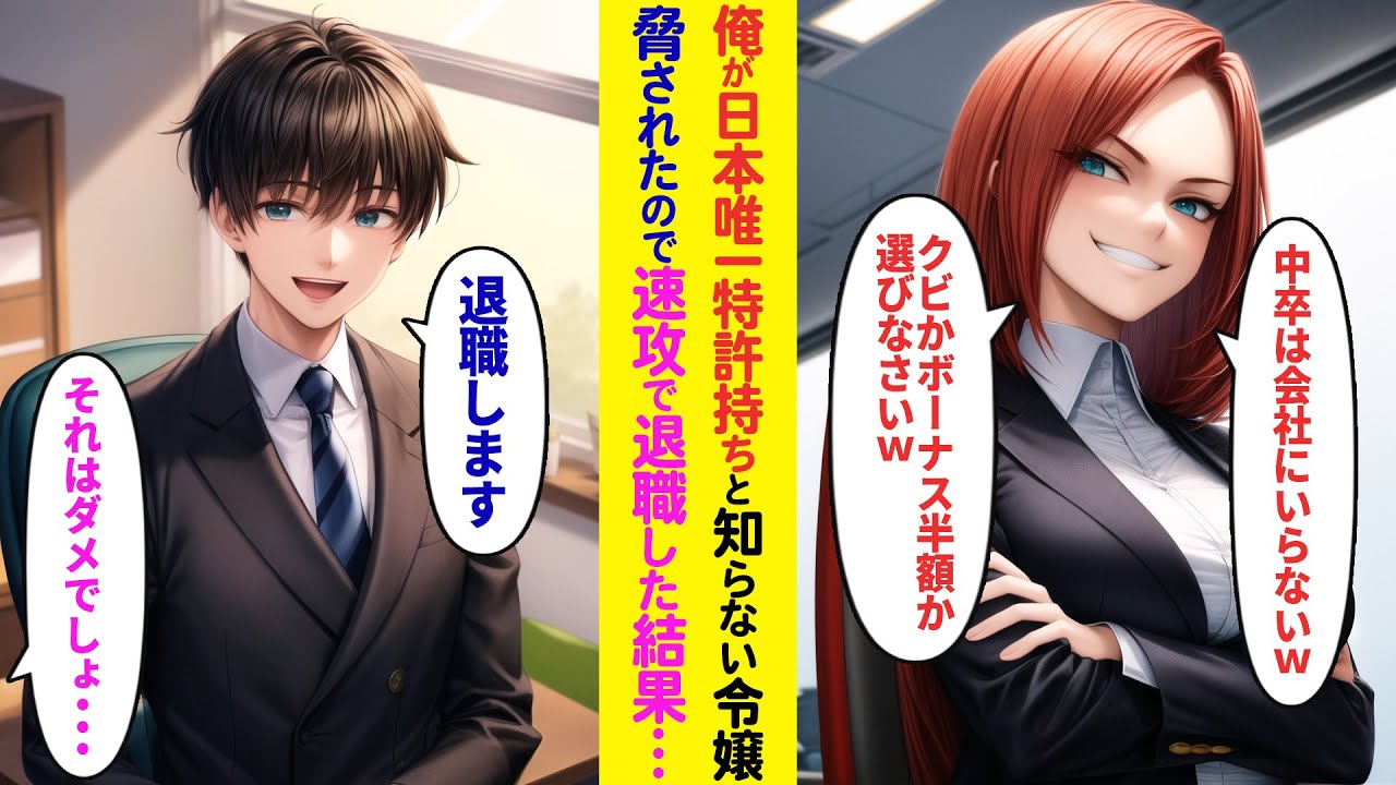 【漫画】俺が日本唯一の特許持ちと知らない令嬢「中卒は会社にいらないわ！クビかボーナス半額どっちがいいw？」俺「退職でお願いします」脅されたので即退職した結果【ラブコメ】
