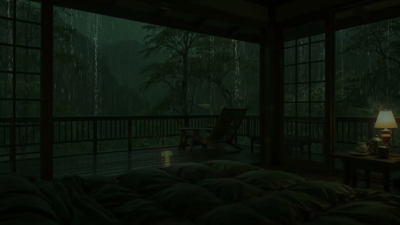 Gentle Rainfall by a Quiet Riverside Cabin 🌧 (No Ads) | Calm Dark Bedroom Atmosphere for Deep Sleep