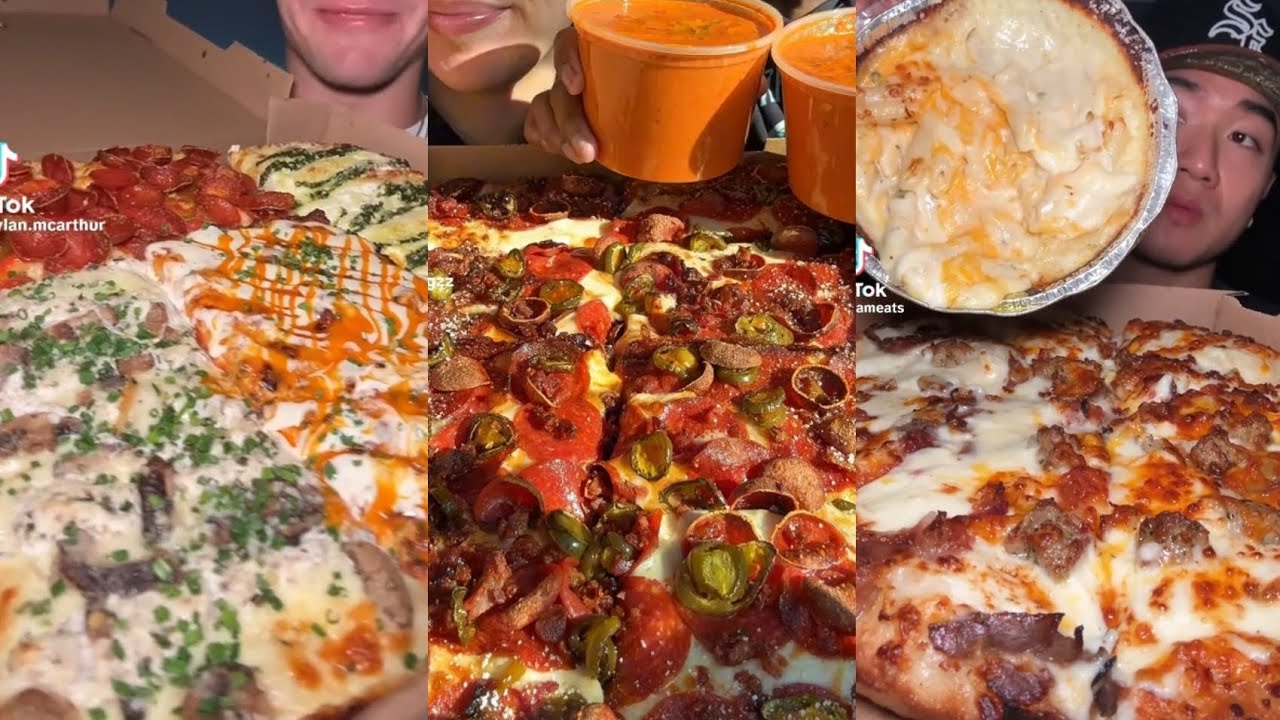 TIKTOK PIZZA MUKBANG COMPILATION DETROIT STYLE PIZZA DEEP DISH PIZZA CHICKEN BUTTER PIZZA CHEESY