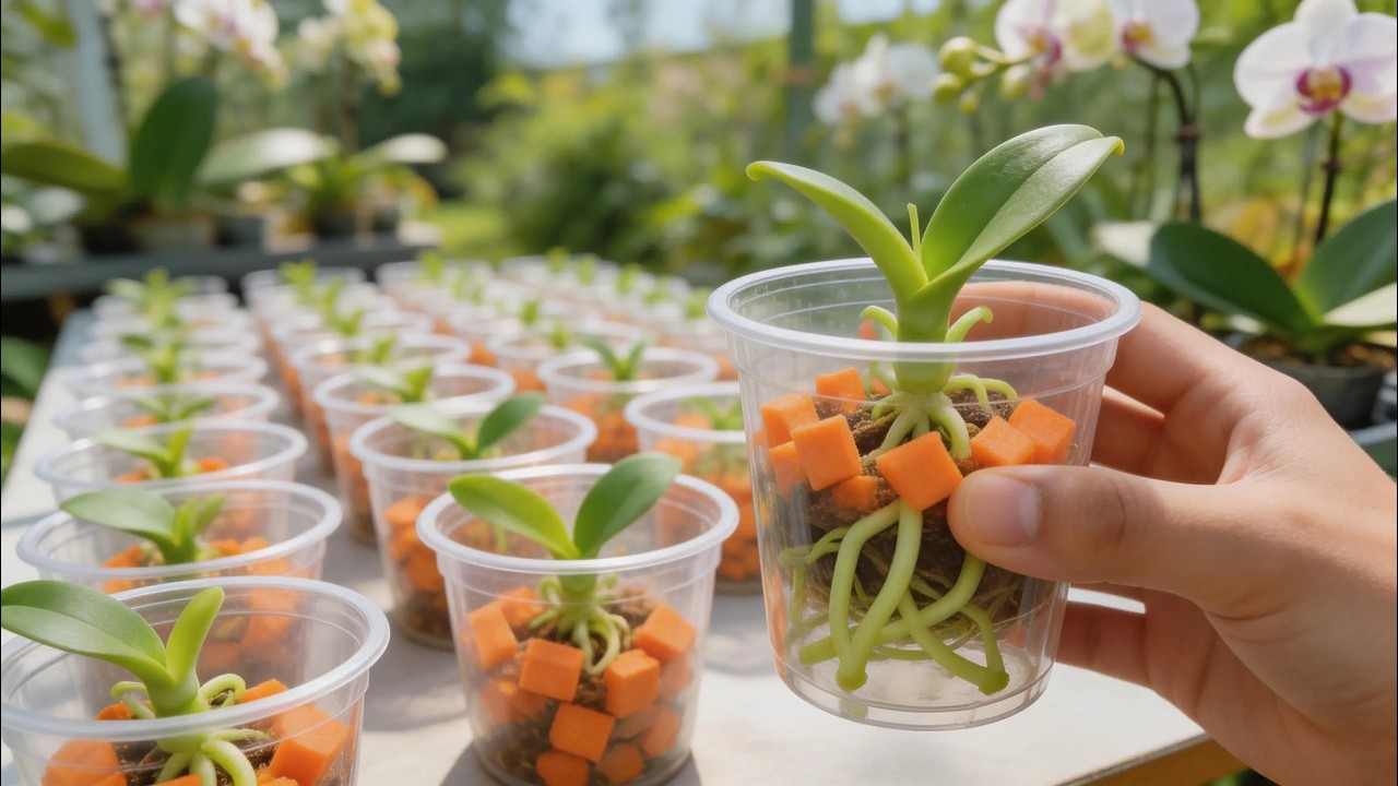 The method of propagating orchids using carrots results in extremely rapid growth overnight.