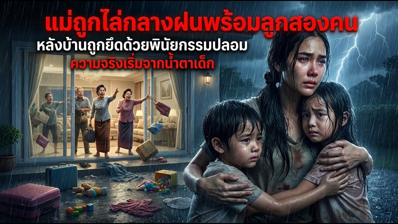 แม่ถูกไล่กลางฝนพร้อมลูกสองคน หลังบ้านถูกยึดด้วยพินัยกรรมปลอม ความจริงเริ่มจากน้ำตาเด็ก