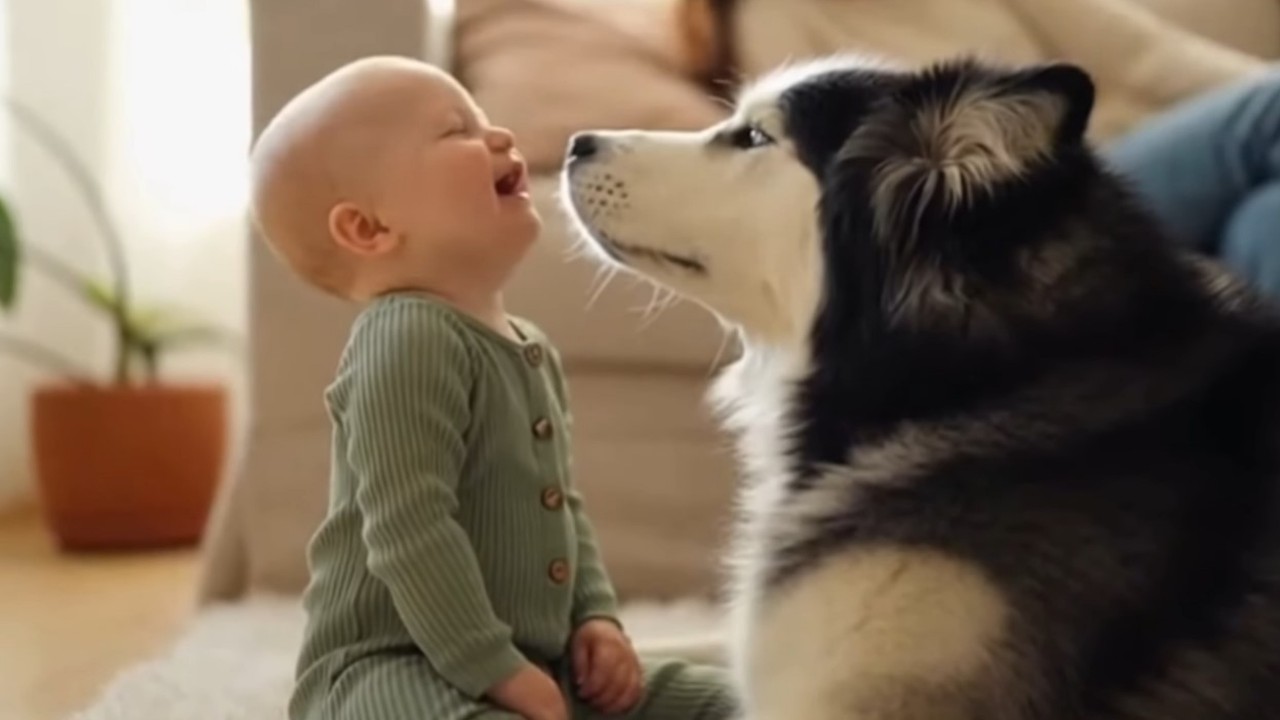 Try not to laugh Adorable moments between a baby and a Husky dog   😂 So cute it's sickening