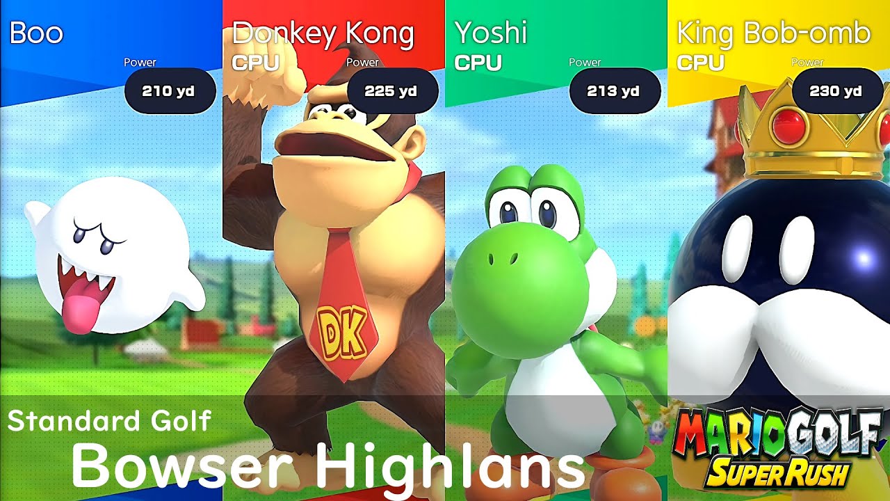Mario Golf Super Rush Boo vs Donkey Kong vs Yoshi vs King Bob Omb in Bowser Highlands