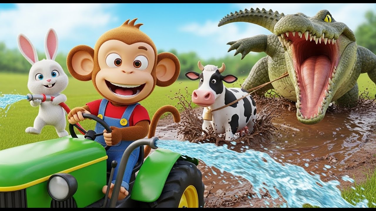 Funny Monkey Farmer Fixes His Tractor and Saves the Cow from the Deep Mud Hole!