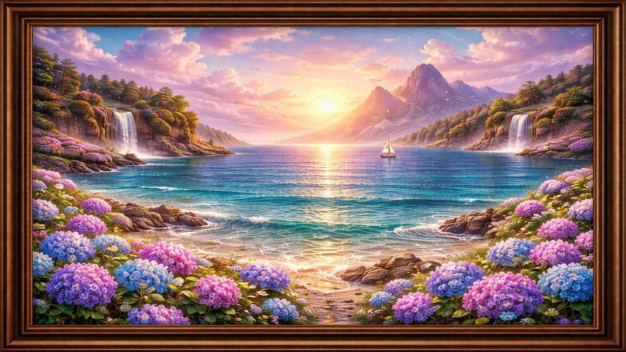 Golden Paradise I 🌸 | Timeless Ocean & Floral Wall Art for Calm Living Rooms | 4K