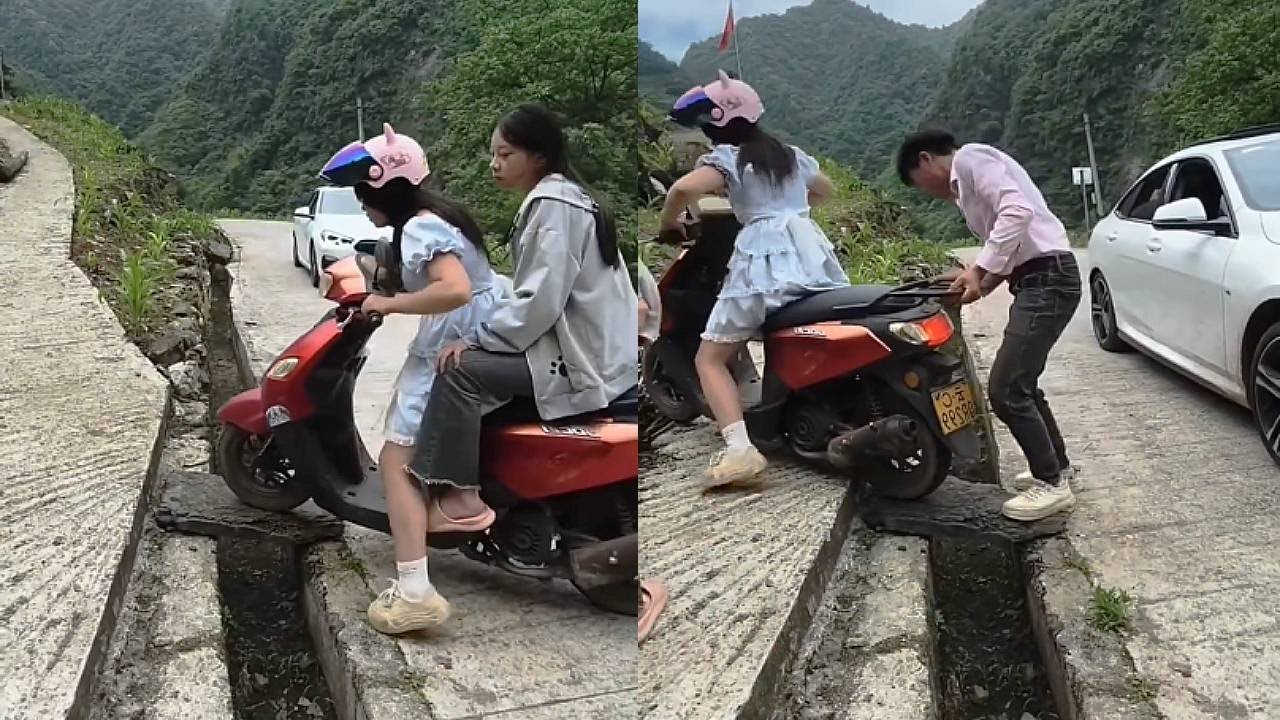 A kind young man helped the girl climb the mountain and built a bridge.