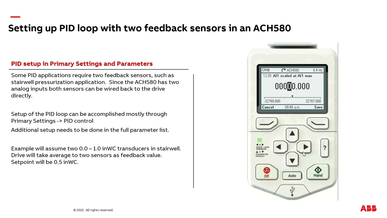 ABB ACH580 Variable Frequency Drive Dual feedback input for PID control