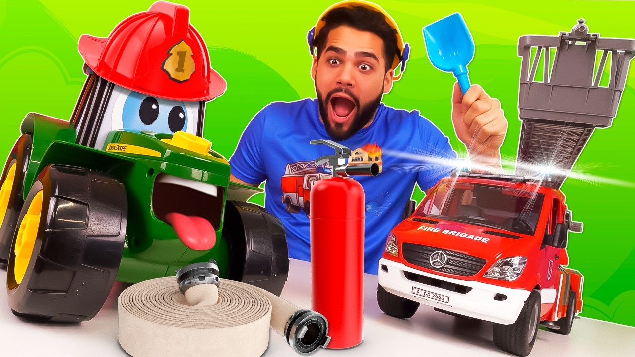 O trator de brinquedo Johnny quer ser bombeiro e cuidar da fazenda com animais!