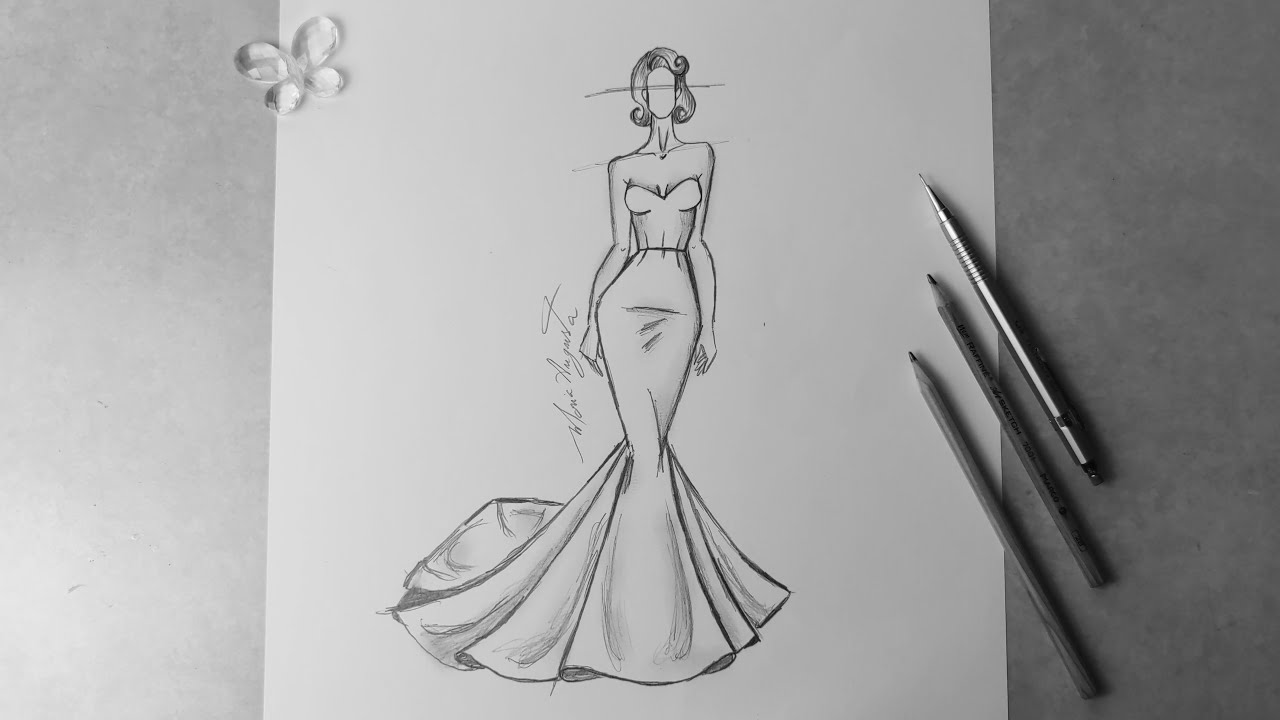 How to draw a dress / Fashion sketch tutorial / Easy dress drawing.