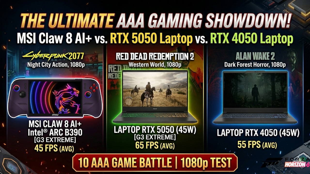 💥 Can MSI Claw 8 Ex AI+ G3 Extreme Crush RTX 5050 & RTX 4050 Laptops (45W) 10 AAA Games Test 1080p!