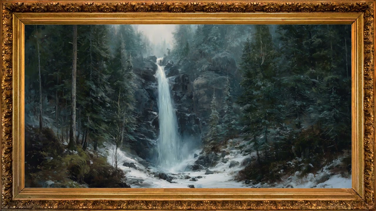 TV screensaver winter waterfall | Cozy winter nature screensaver for your tv with ambient music 4K