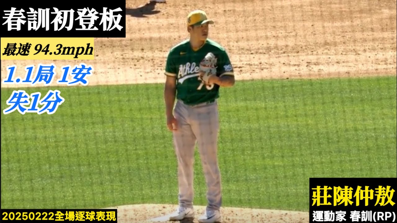 20260222莊陳仲敖(運動家春訓)中繼逐球｜春訓初登板,最速94.3mph！唯一安打,陽春砲失1分