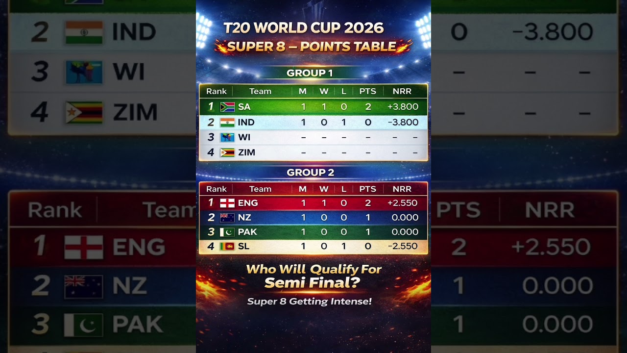 T20 World Cup 2026 &ndash; Super 8 Points Table