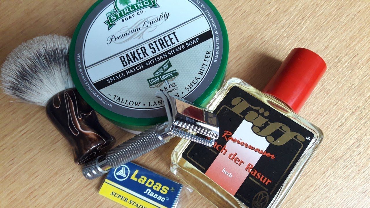 Бритье. RazoRock 37 German slant, Ladas blade, Silver tip badger, Stirling Baker street, Tüff herb