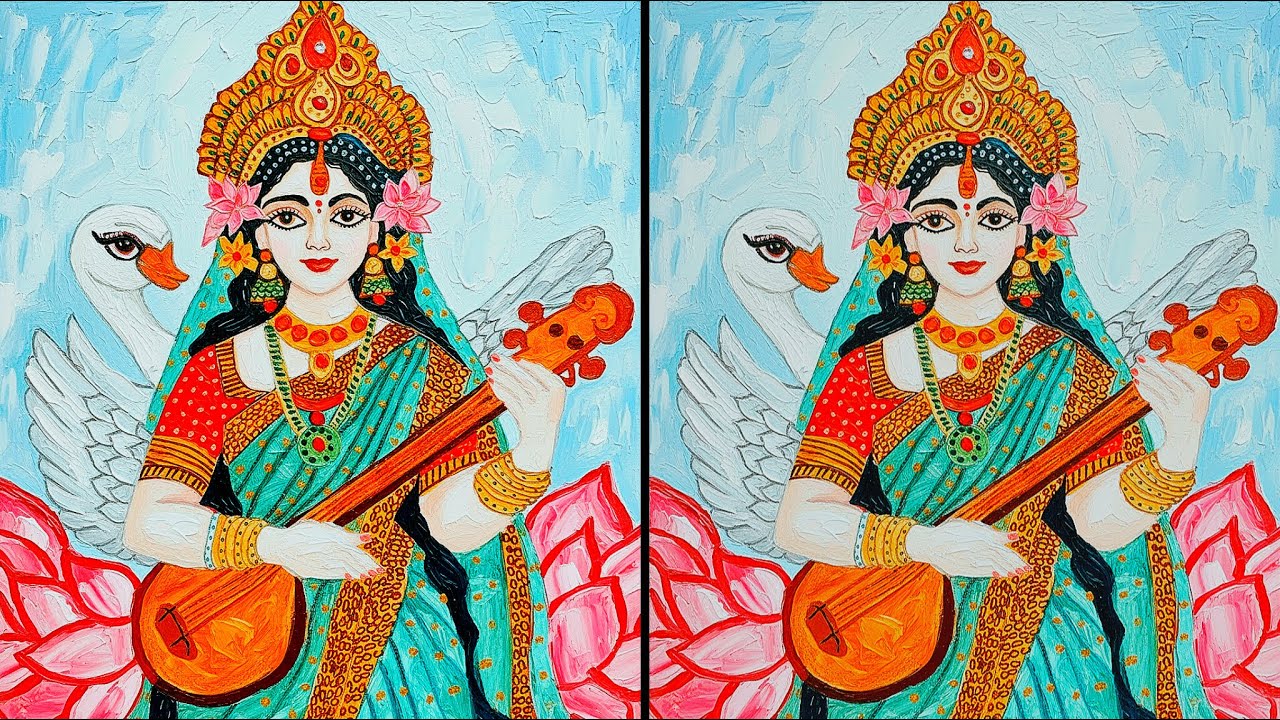 🪷EASY Saraswati Mata Drawing🎨/Saraswati Maa ka Photo kaise banaen ✍️/How to paint Goddess Saraswati🙏