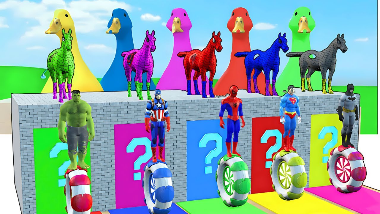 Long Slide Game with Superhero Wheels and Animal Cages – Funny Color Match Game- 3D Animal Game
