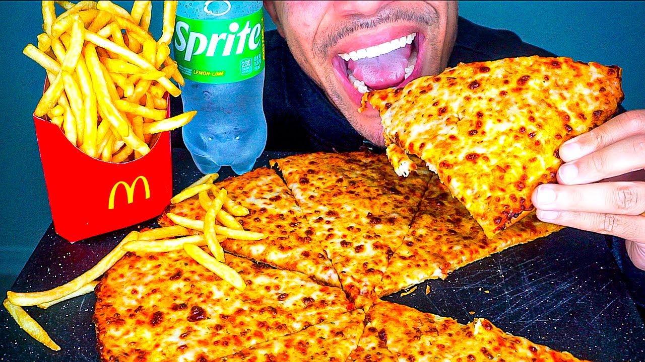 ASMR DOMINO’S THIN CRUST EXTRA CHEESE PIZZA MCDONALD’S FRENCH FRIES EATING MOUTH SOUNDS NO TALKING