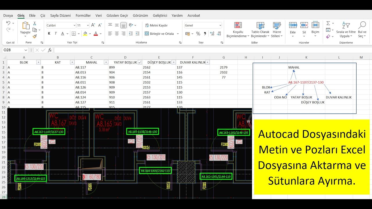 Autocad Dosyasındaki Metin ve Pozları Excel Dosyasına Aktarma ve Sütunlara Ayırma.