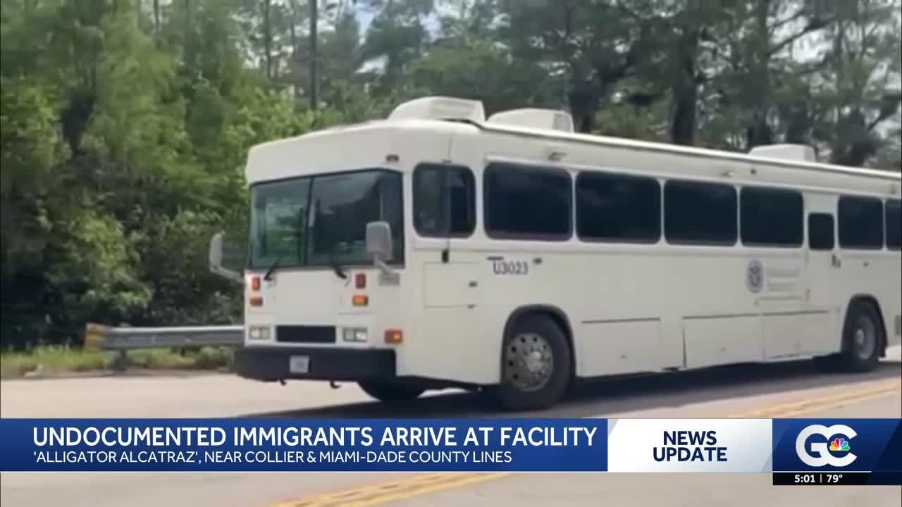 Undocumented immigrants arrive at 'Alligator Alcatraz'
