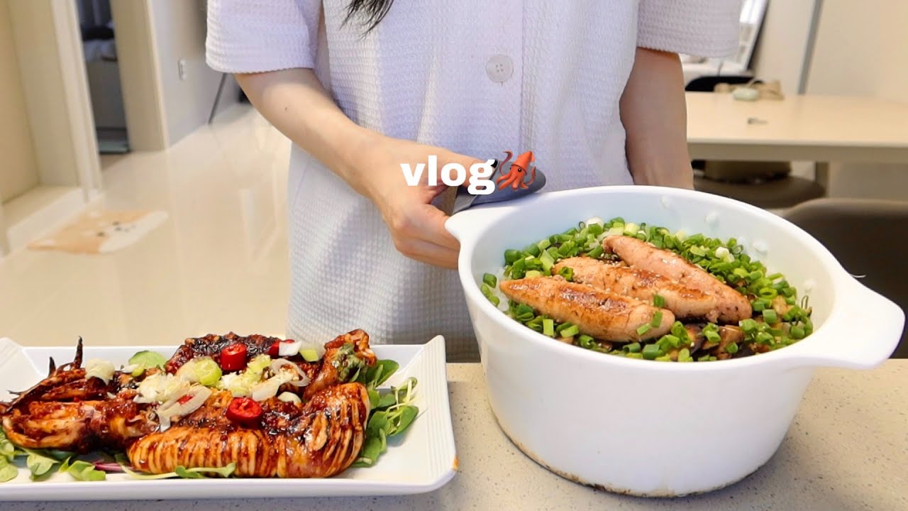 vlog | 요즘 푹 빠진 명란솥밥과 통오징어양념구이 🦑 여름 간식으로 옥수수전, 단짠단짠 갈비찜레시피, 야근 후 아구찜, 마라탕먹는 자취생일상