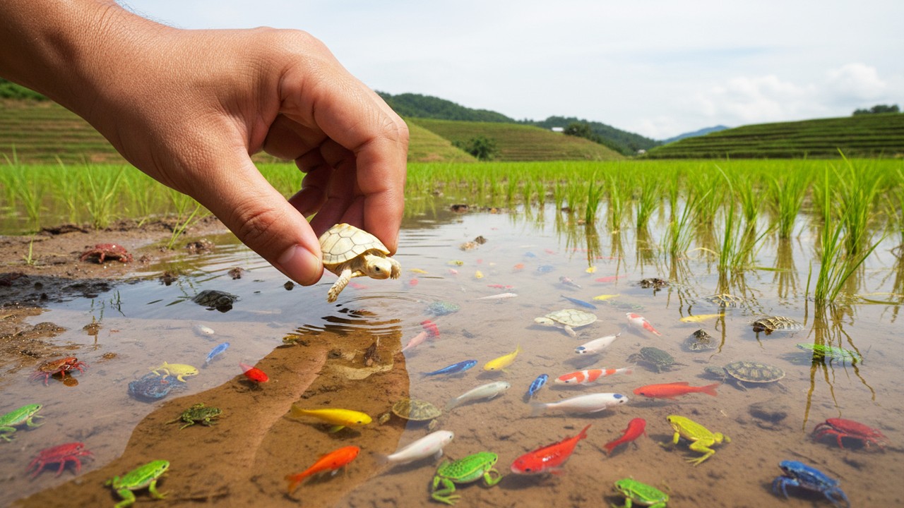 Catching Tiny Fish by Hand in Rice Field & Lotus Pond