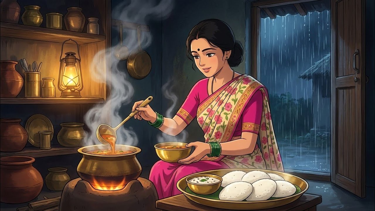 1990s Rainy Indian Village Life | Village Mother Makes Soft Idli, Sambar & Coconut Chutney | #ghibli