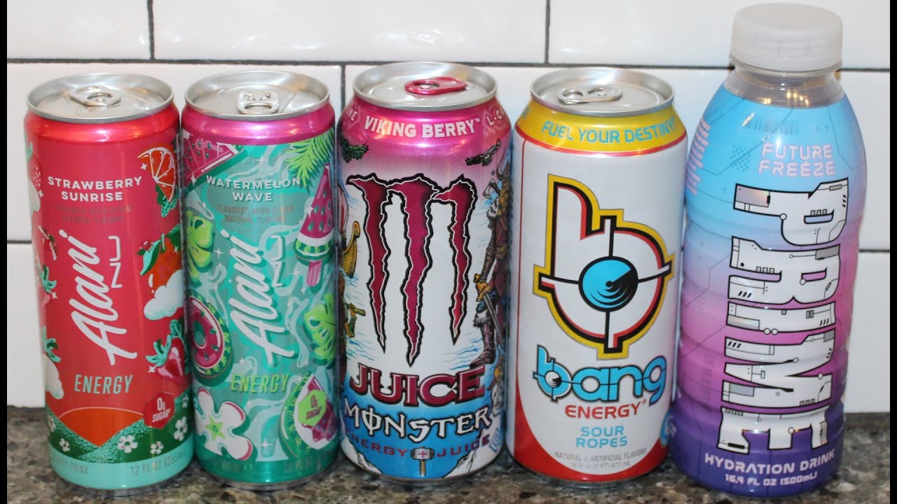 Alani Nu Strawberry, Watermelon, Juice Monster Viking Berry, Bang Sour Ropes, Prime Future Freeze