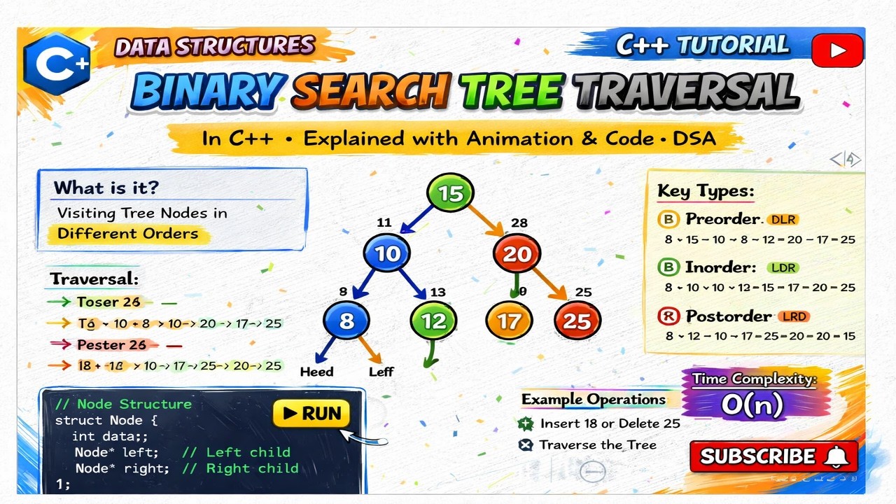 Binary Search Tree (BST) Traversal: Inorder, Preorder, and Postorder in C++ (Visualized)
