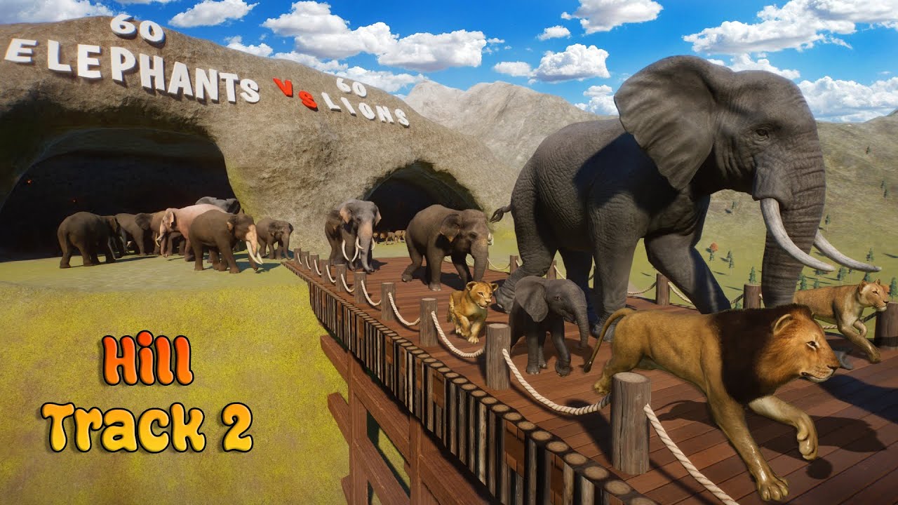 60 Elephants & Babies VS 60 Lions & Babies in Hill Track 2 Planet Zoo included Indian Elephant