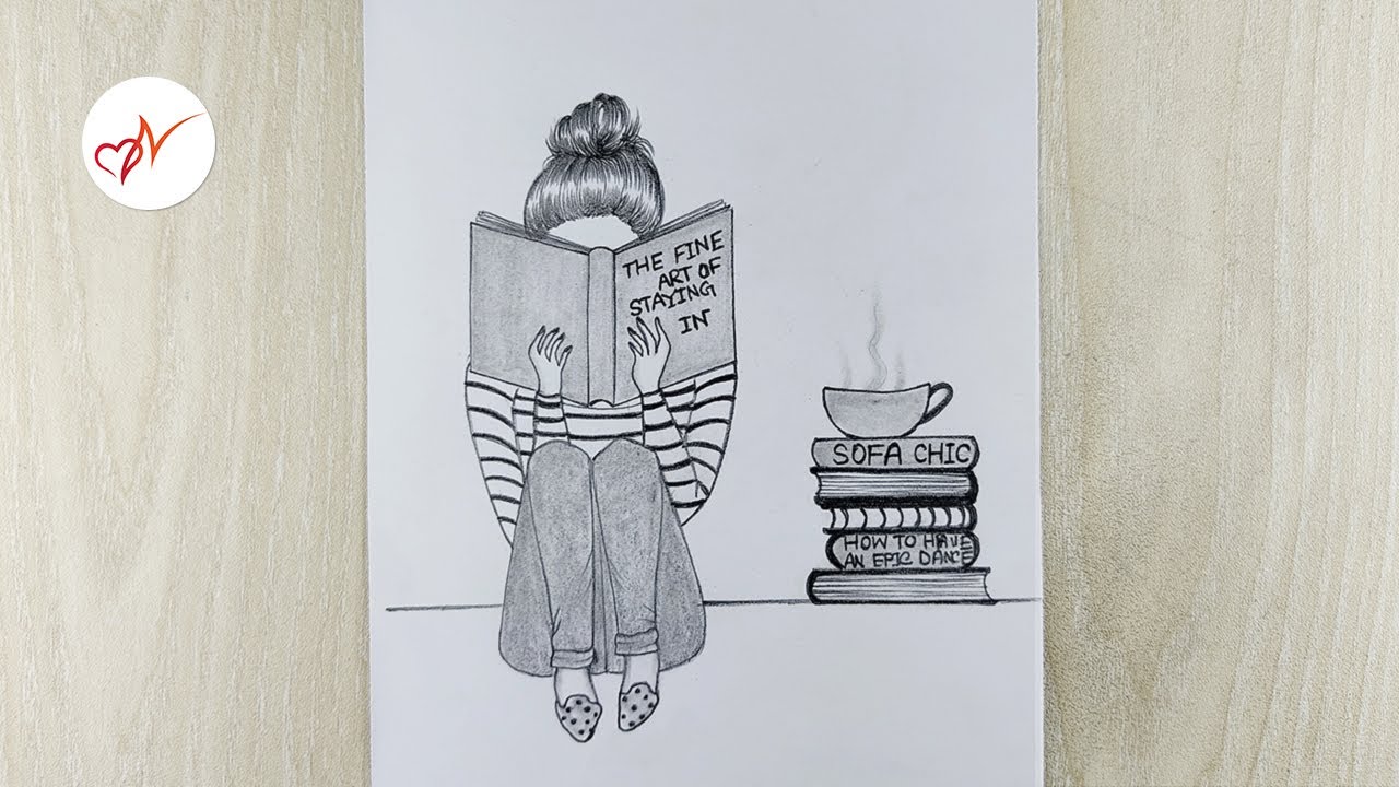 How to draw a girl reading books and taking coffee | Step by step pencil sketch drawing