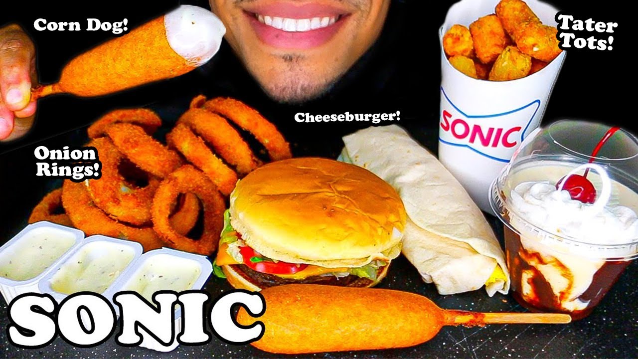 SONIC FAST FOOD CHEESEBURGER CORN DOG TATER TOTS ONION RINGS HOT FUDGE SUNDAE MUKBANG ASMR EATING