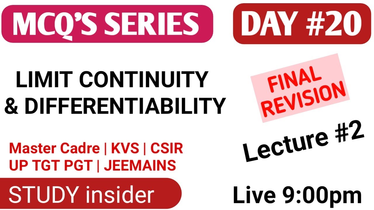 #20 MATH MCQ SERIES MASTER CADRE || LIMIT CONTINUITY & DIFFERENTIABILITY #L2 MCQS || UP TGT PGT KVS