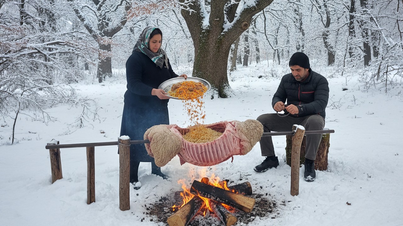 Whole Lamb Stew in the Wildest Forest | Snowy Weather Open Fire Cooking