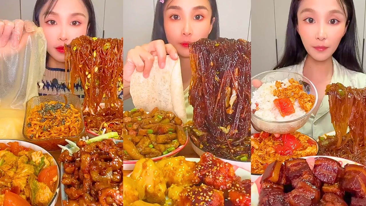 Spicy Glass Noodles, Braised Pork Belly and Rice Mukbang