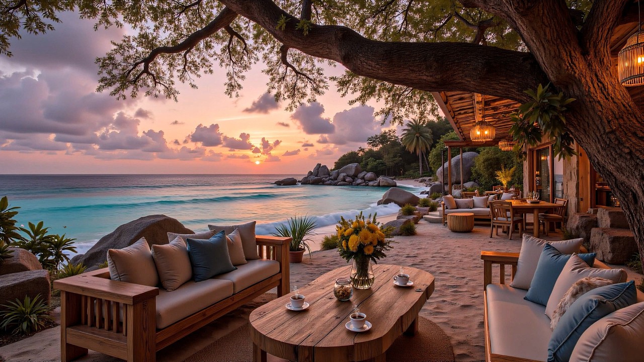 4K Tropical Sunset Jazz Café by the Sea - Relaxing Smooth Jazz & Ocean Waves for Deep Relaxation