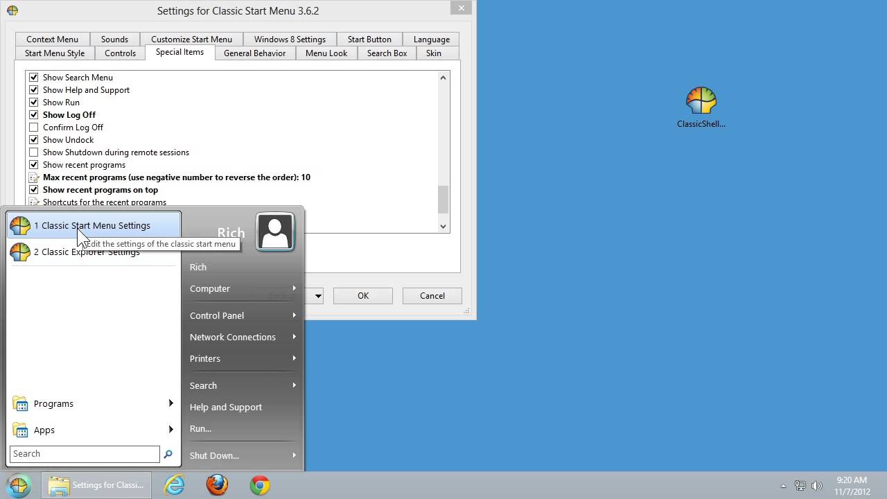 Exploring Windows 8: Classic Shell Advanced Start Menu Configuration