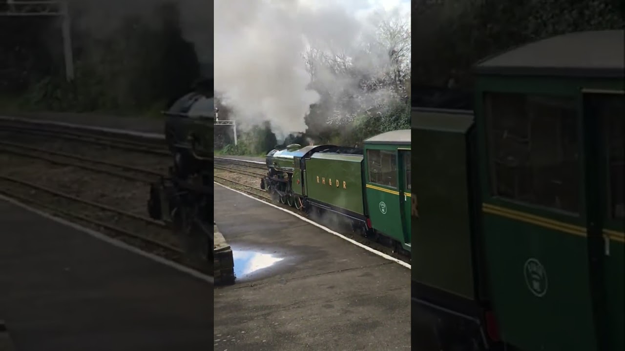 steam locomotive green goddess leaving hythe station 