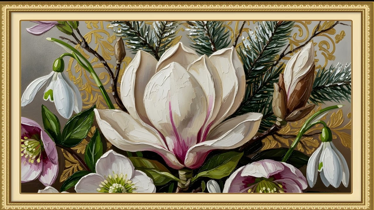 European Winter Magnolia Still Life | Warm Light, Antique Gold Accents | TV Art