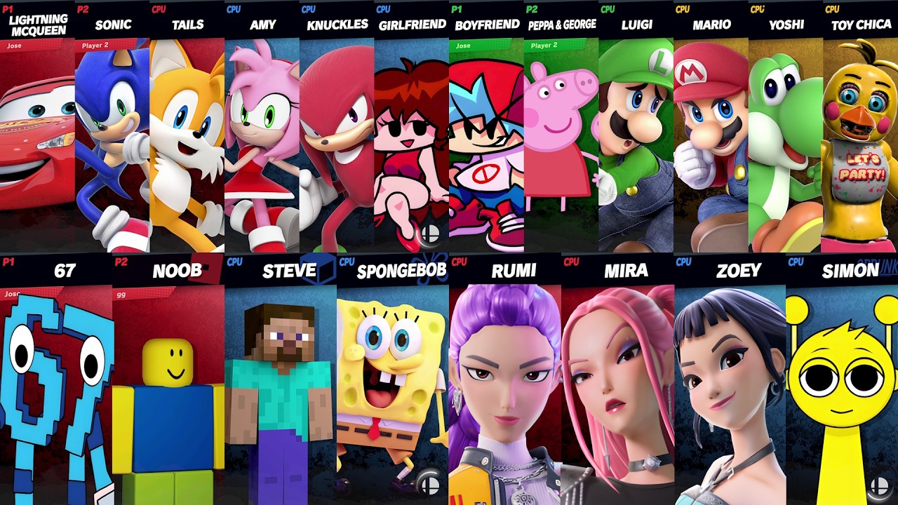 Sonic vs Mario vs Peppa vs 67 vs Roblox vs Minecraft vs Car vs Fortnite | Super Smash Bros Ultimate