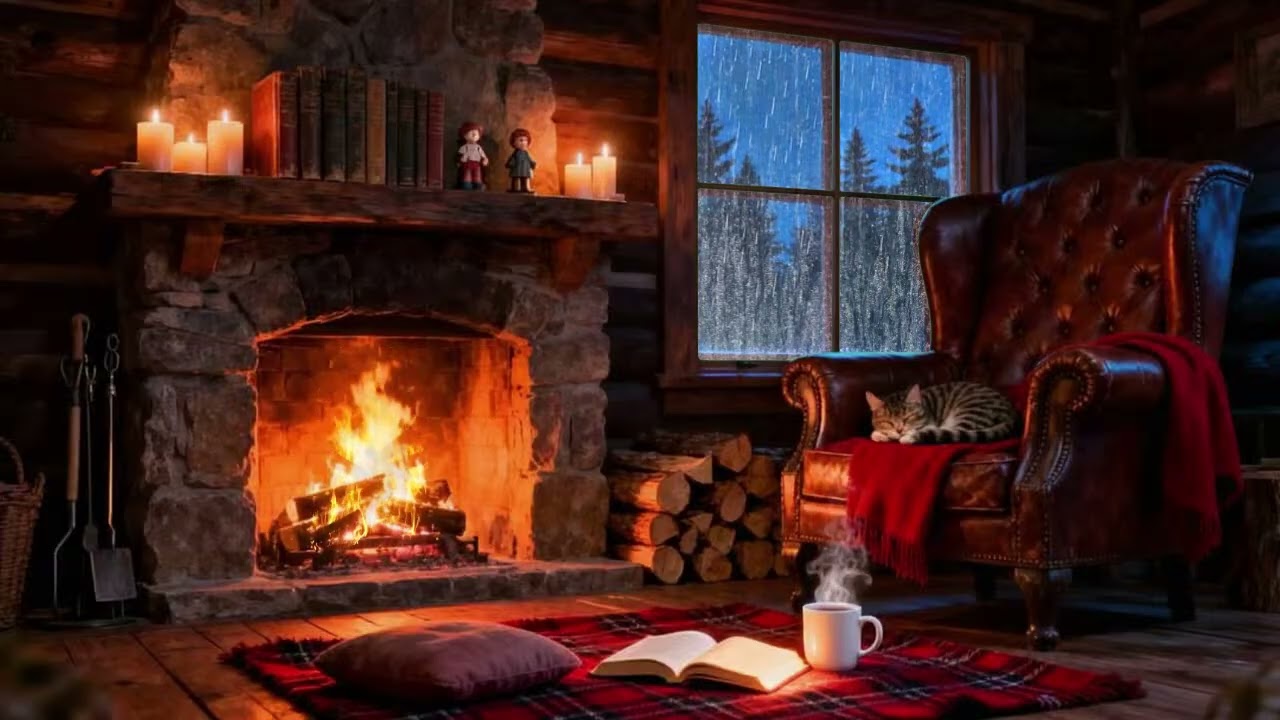 Cozy Cabin Ambience - Rain & Fireplace Sounds for Long Night Sleep