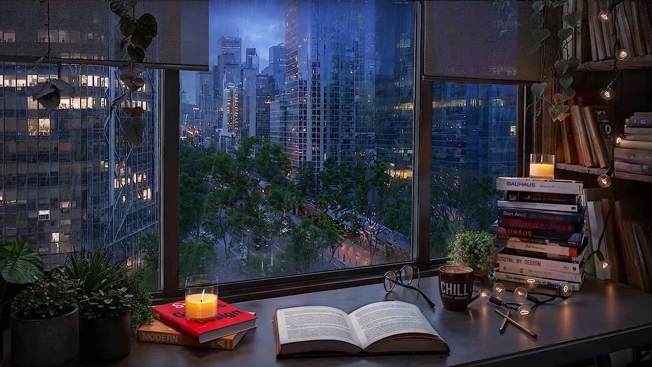 Cozy Rainy City Study Room Ambience | Relaxing Rain Sounds & Distant Thunder for Focus 🌧️☕