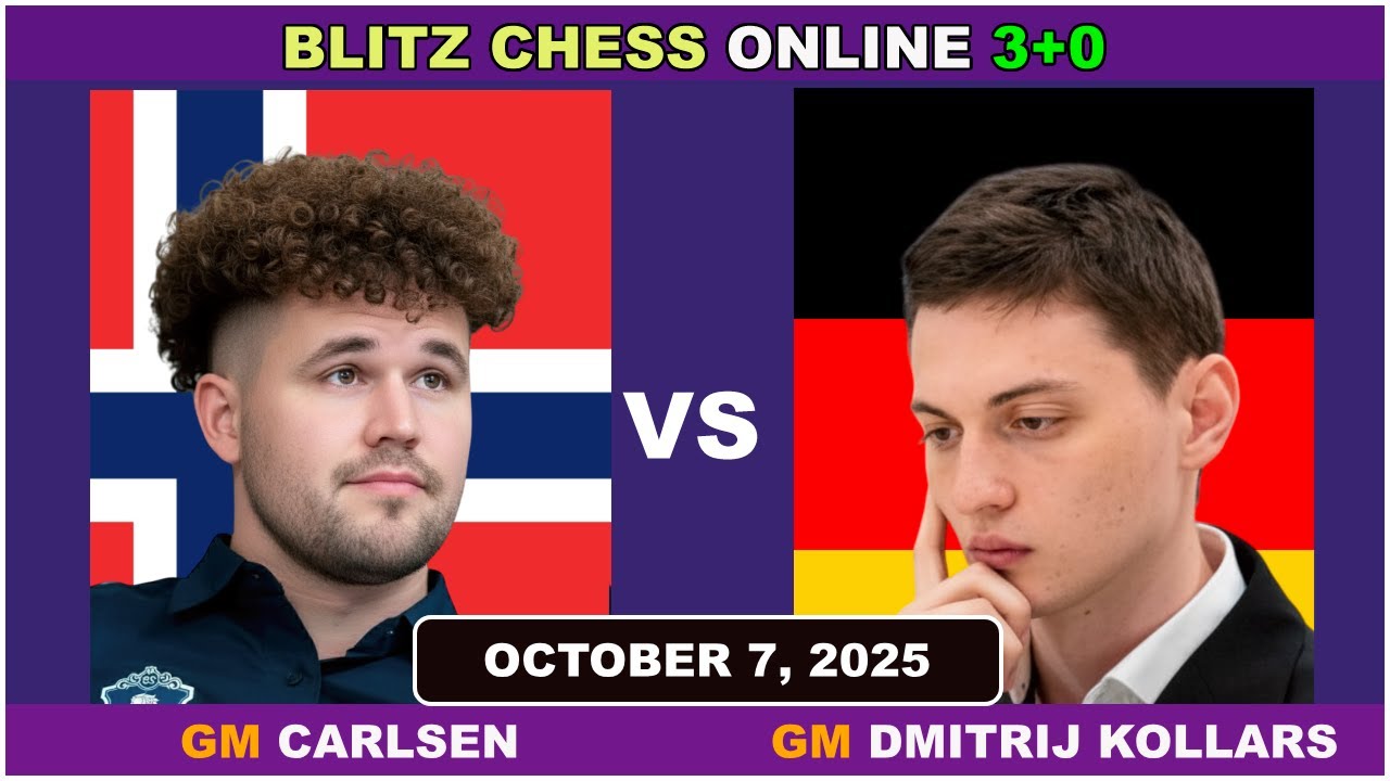Magnus Carlsen vs Dmitrij Kollars | Blitz Chess 3+0 | ChessCom | October 7, 2025