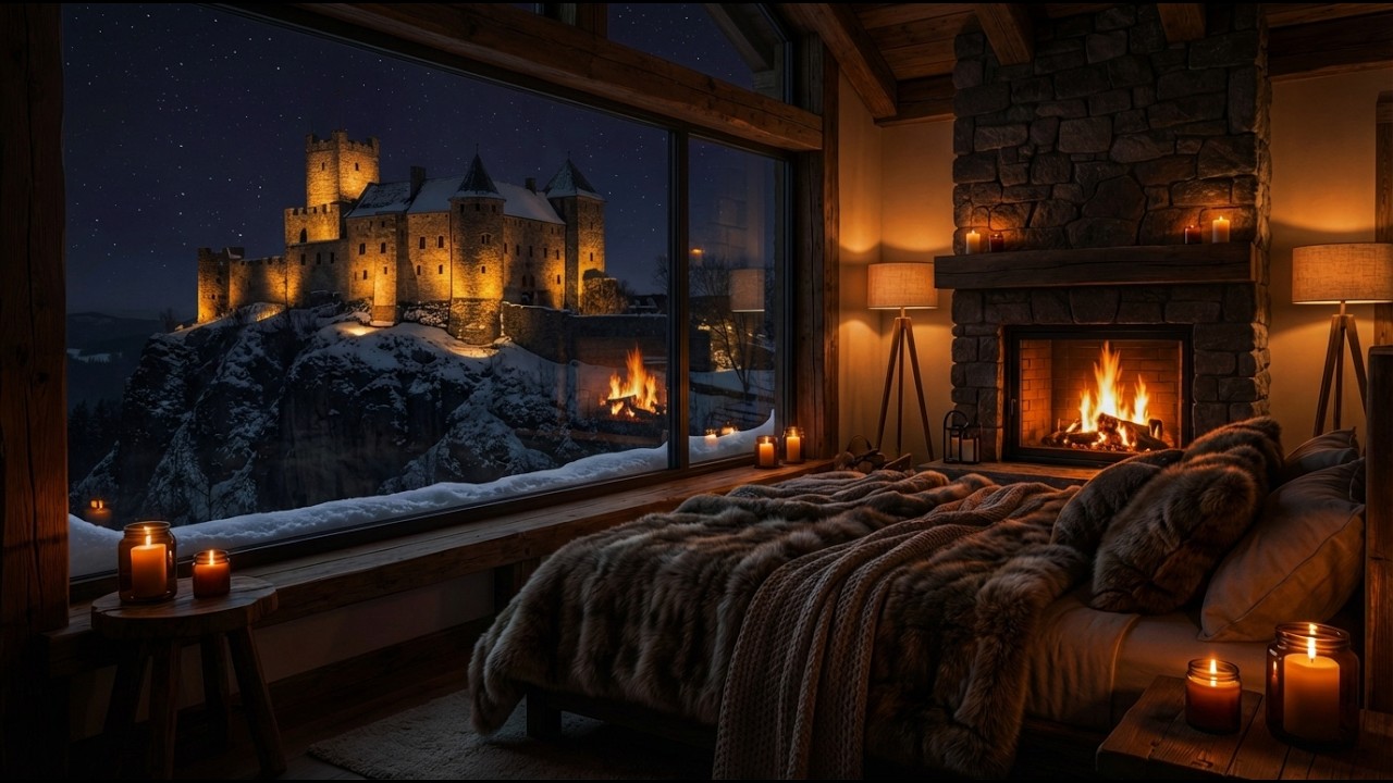 Cozy Castle View at Night 🏰 Fireplace & Candlelight | Winter Cabin Ambience in 4K (2 Hours)